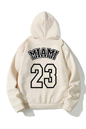 Unisex Ekru Miami 23 Baskılı Kapüşonlu Sweatshirt