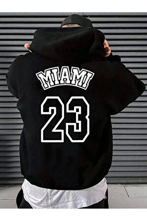 Unisex Siyah Miami 23 Baskılı Kapüşonlu Sweatshirt