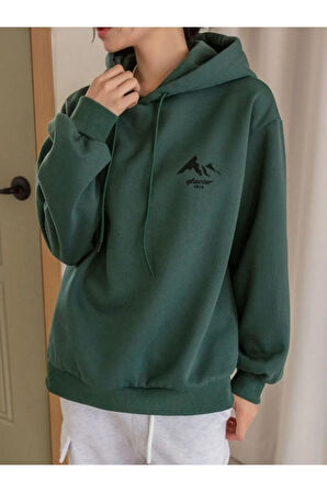 Kadın Koyu Yeşil Mountain Glacier Baskılı Kapüşonlu Sweatshirt