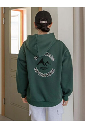 Kadın Koyu Yeşil Mountain Glacier Baskılı Kapüşonlu Sweatshirt