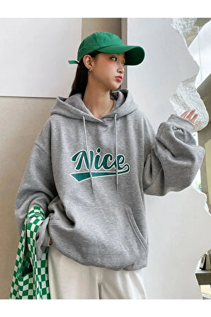 Kadın Gri Oversize Nice Baskılı Sweatshirt