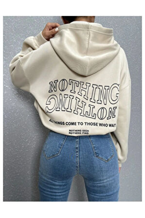 Kadın Bej Ters Düz Nothing Baskılı Oversize Sweatshirt