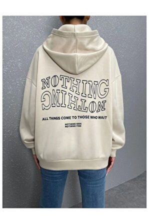 Kadın Bej Ters Düz Nothing Baskılı Oversize Sweatshirt