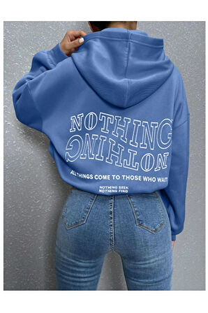 Kadın Mavi Ters Düz Nothing Baskılı Oversize Sweatshirt