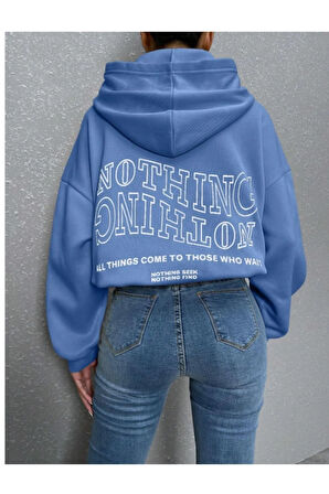 Kadın Mavi Ters Düz Nothing Baskılı Oversize Sweatshirt