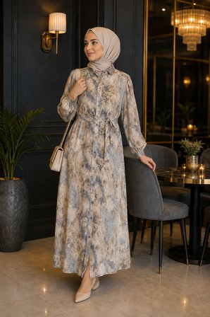 %100 Pamuklu Mango Kumaş Boydan Düğmeli Kuşaklı Tesettür Elbise 135 cm Desenli