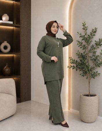 Pike Kumaş Tesettür Pantolonlu Takım Büyük Beden Rahat Kalıp Uzun Tunik İkili Takım 42-54 Beden