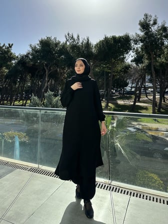 Günlük ve Umre Kullanımına Uygun Rabia Kumaş Siyah İkili Takım