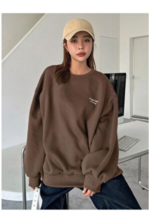 Kadın Kahverengi Staggertly Baskılı Bisiklet Yaka Sweatshirt