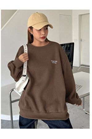 Kadın Kahverengi Staggertly Baskılı Bisiklet Yaka Sweatshirt