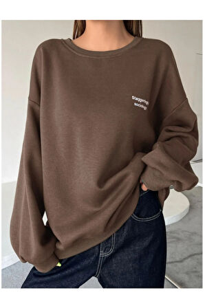 Kadın Kahverengi Staggertly Baskılı Bisiklet Yaka Sweatshirt