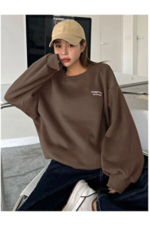 Kadın Kahverengi Staggertly Baskılı Bisiklet Yaka Sweatshirt