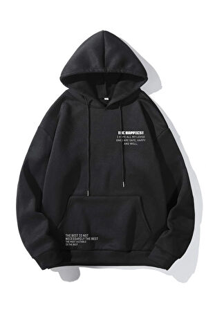 Unisex Siyah The Happiest Baskılı Kapişonlu Sweatshirt