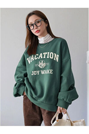 Kadın Yeşil Vacation Joy Wake Baskılı Oversize Bisiklet Yaka Sweatshirt