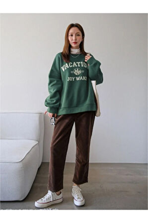 Kadın Yeşil Vacation Joy Wake Baskılı Oversize Bisiklet Yaka Sweatshirt