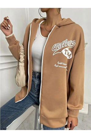 Kadın Oversize Baskılı Fermuarlı Sweatshirt College