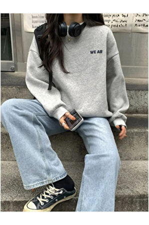 Kadın Gri We Ar Baskılı Oversize Sweatshirt