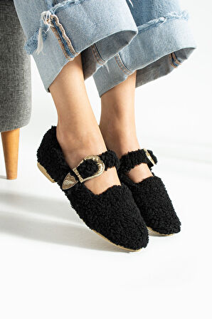 Kadın Tokalı Tüylü Peluş Babet Ev Terliği TS1189