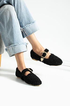 Kadın Tokalı Tüylü Peluş Babet Ev Terliği TS1189