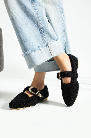 Kadın Tokalı Tüylü Peluş Babet Ev Terliği TS1189