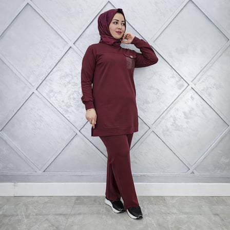 Bordo Taş Detaylı Tesettür Tunik Pantolon İkili Takım – Günlük Spor Şık Kombin
