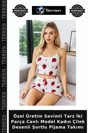 Özel Üretim Sevimli Tarz İki Parça Canlı Model Kadın Çilek Desenli Şortlu Pijama Takımı