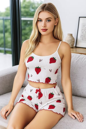 Özel Üretim Sevimli Tarz İki Parça Canlı Model Kadın Çilek Desenli Şortlu Pijama Takımı