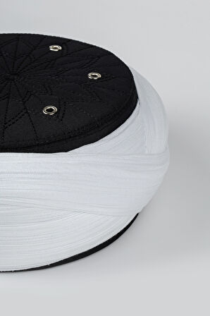 Talebe Sarığı - Beyaz Kumaş - Siyah Takke - Çapraz Sarım - Kuş Gözü - 7 metre