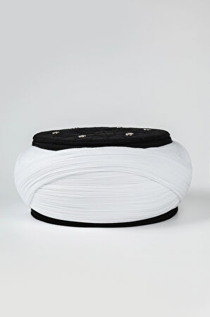 Talebe Sarığı - Beyaz Kumaş - Siyah Takke - Çapraz Sarım - Kuş Gözü - 7 metre