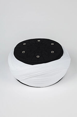 Talebe Sarığı - Beyaz Kumaş - Siyah Takke - Çapraz Sarım - Kuş Gözü - 7 metre