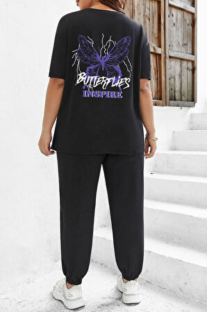 Uyguntarz Unisex Butterfly & Letter Graphic Baskılı 2'li Eşofman Takımı