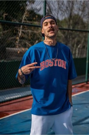 Mavi Boston Baskılı Tasarım Tshirt