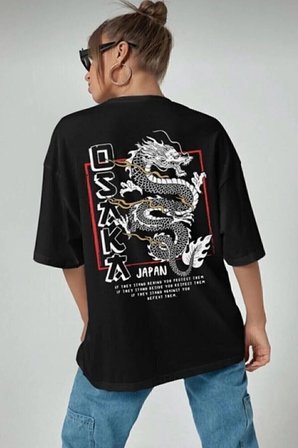Siyah Osaka Baskılı Penye T-shirt