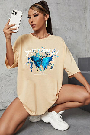 Unisex Blue Butterfly Baskılı T-shirt