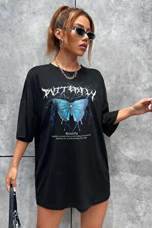 Unisex Blue Butterfly Baskılı T-shirt