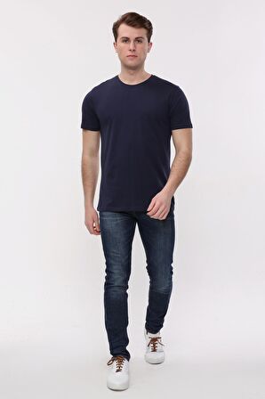 Erkek Regular Fit Bisiklet Yaka İndigo Mavi T-Shirt