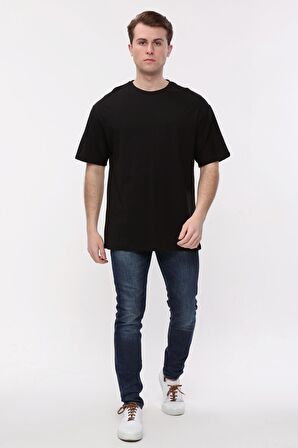 Erkek Oversize Bol Kalıp Bisiklet Yaka Siyah T-Shirt