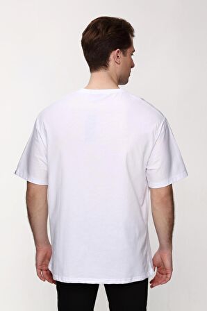 Erkek Oversize Bol Kalıp Bisiklet Yaka Beyaz T-Shirt