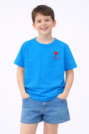 Kız Erkek Çocuk Oversize Nakışlı Pamuklu Unisex Yazlık T-Shirt — Mavi