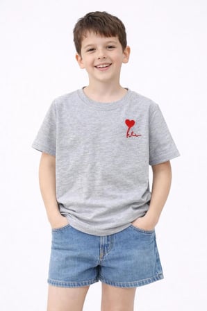 Kız Erkek Çocuk Oversize Nakışlı Pamuklu Unisex Yazlık T-Shirt — Gri - Melanj