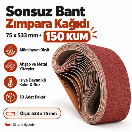 Sonsuz Bant 150 Kum Tank Palet Zımpara Kağıdı 75 x 533 mm (10 Adet)