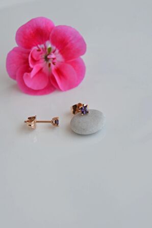 Mor Taşlı Zirkon Tektaş Küpe 3 mm