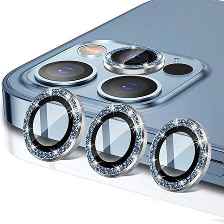 İphone 13 Pro Uyumlu Mavi Renk Taşlı Kırılmaz Çizilmez Kamera Lens Koruyucusu