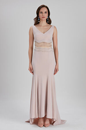 Abiye Elbise - Püskül Detaylı Pudra Abiye Elbise 36750PD