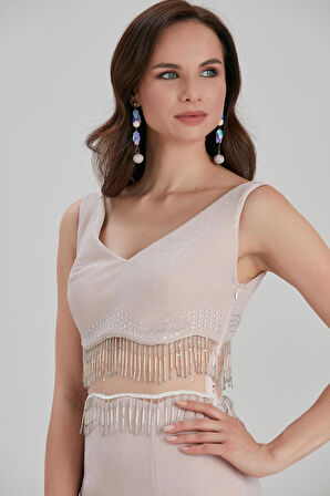 Abiye Elbise - Püskül Detaylı Pudra Abiye Elbise 36750PD