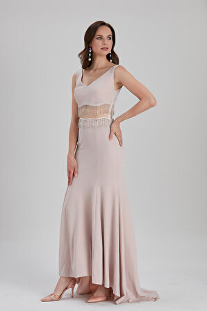 Abiye Elbise - Püskül Detaylı Pudra Abiye Elbise 36750PD