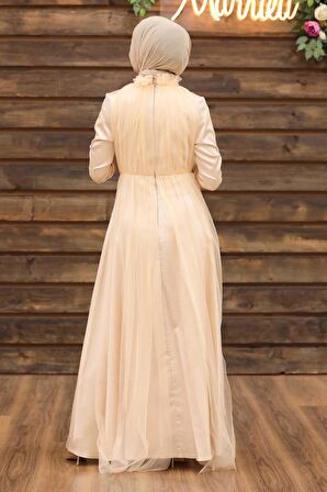 Boncuk Detaylı Somon Tesettür Abiye Elbise 2203SMN