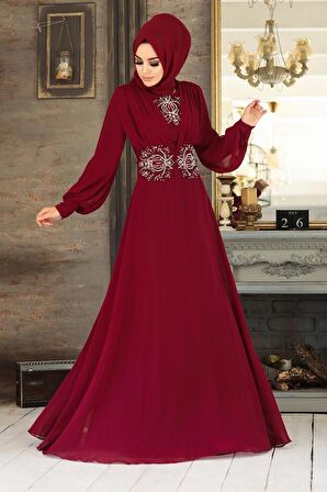 Dantelli Bordo Tesettür Abiye Elbise 9118BR