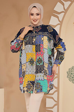 Desenli Lacivert Tesettür Tunik 20412L