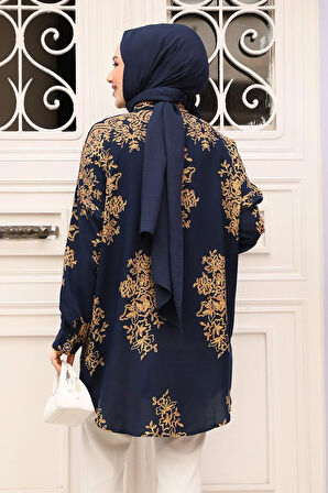 Desenli Lacivert Tesettür Tunik 20413L